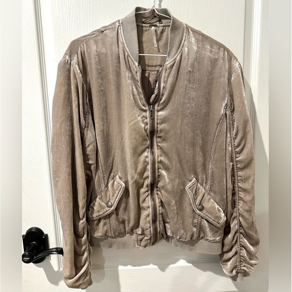 Free People Ruched Velvet Neutral Bomber Jacket. - Picture 7 of 14